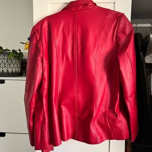 Red Leather Jacket with Structured Silhouette and Stand-Up Collar